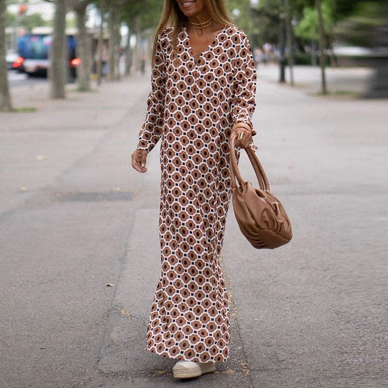 Robe longue femme – Coupe ample – Manches longues – Col en V – Fente latérale – Tissu respirant