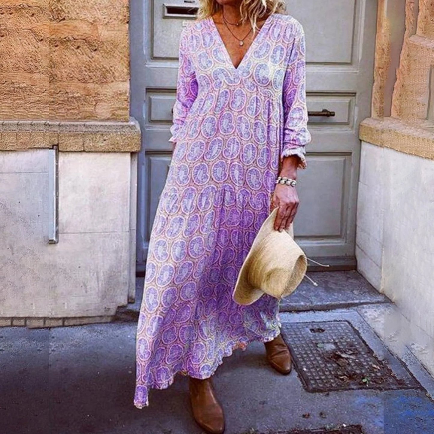 Robe longue femme – Coupe décontractée – Imprimé géométrique – Tissu respirant – Manches longues