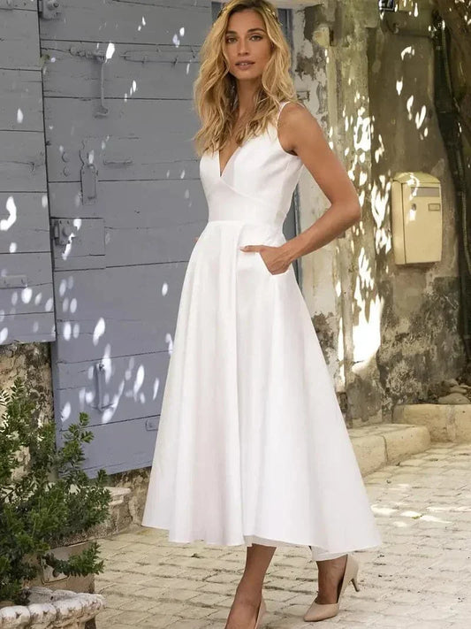 Robe midi femme – Coupe évasée – Décolleté V – Sans manches – Tissu léger respirant