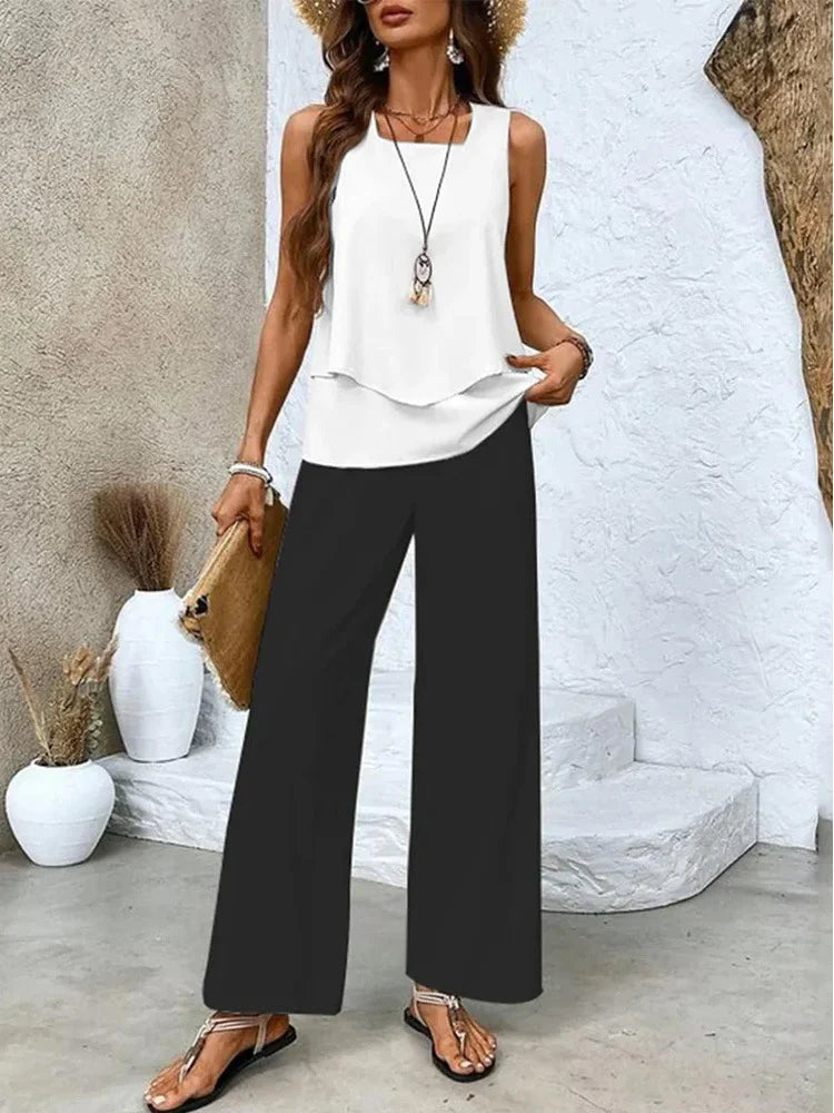 Ensemble deux pièces pour femmes – Débardeur à Motifs & Pantalon Large – Coupe Ample – Tissu Respirant