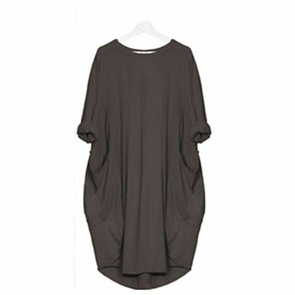 Robe midi femme – Coupe ample – Tissu respirant – Manches retroussées – Poches