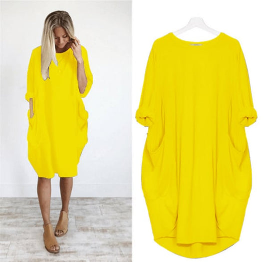 Robe midi femme – Coupe ample – Tissu respirant – Manches retroussées – Poches