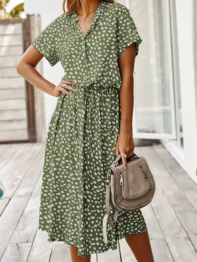 Robe midi femme – Coupe décontractée – Tissu respirant – Boutonnée – Manches courtes