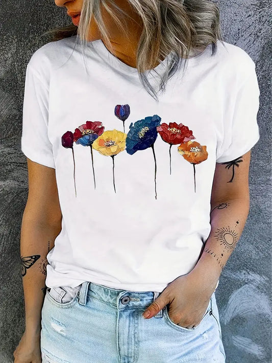 T-shirt femme – Coupe décontractée – Tissu respirant – Imprimé floral – Manches courtes