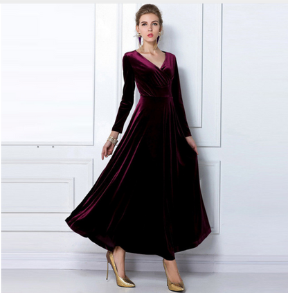 Robe de soirée femme – Velours doux – Coupe évasée – Décolleté plongeant – Manches longues