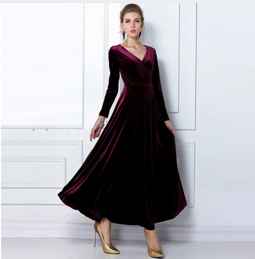 Robe de soirée femme – Velours doux – Coupe évasée – Décolleté plongeant – Manches longues