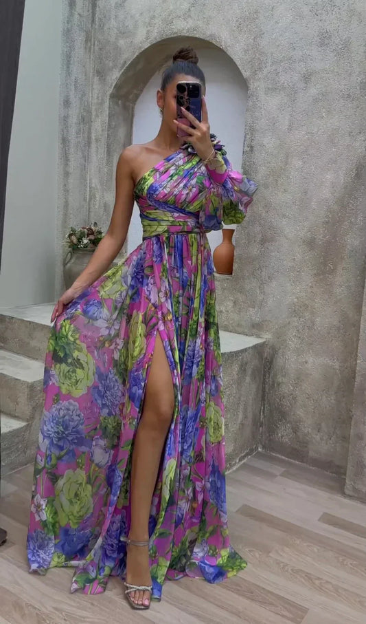 Robe longue femme – Style asymétrique – Imprimé fleuri – Fente haute – Tissu fluide