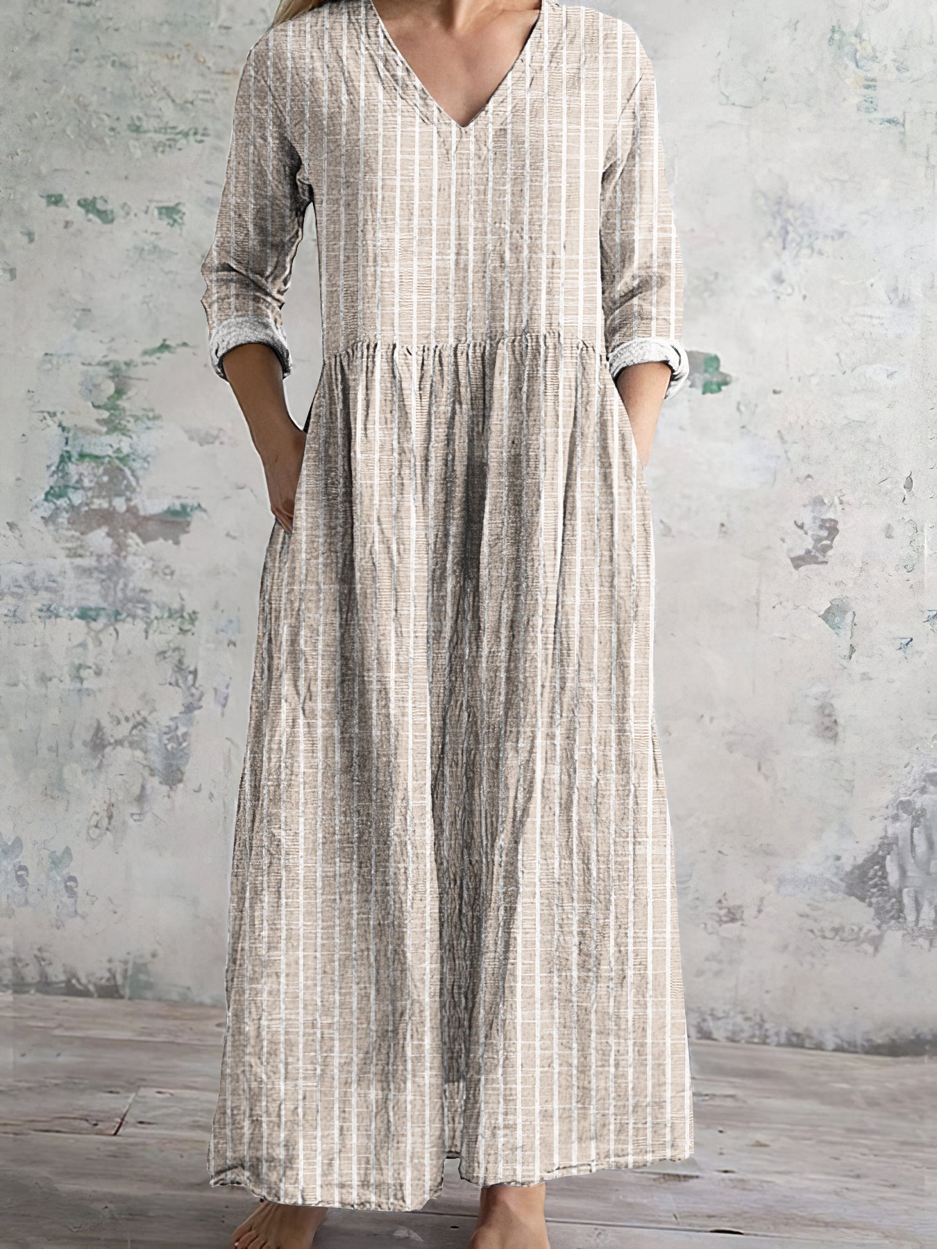 Robe longue femme – Fibres naturelles – Coupe décontractée – Manches longues – Rayures