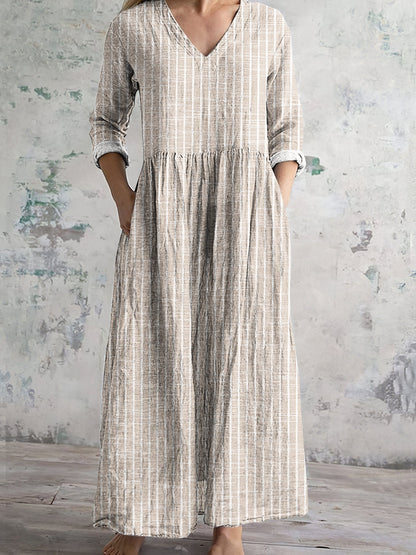 Robe longue femme – Fibres naturelles – Coupe décontractée – Manches longues – Rayures