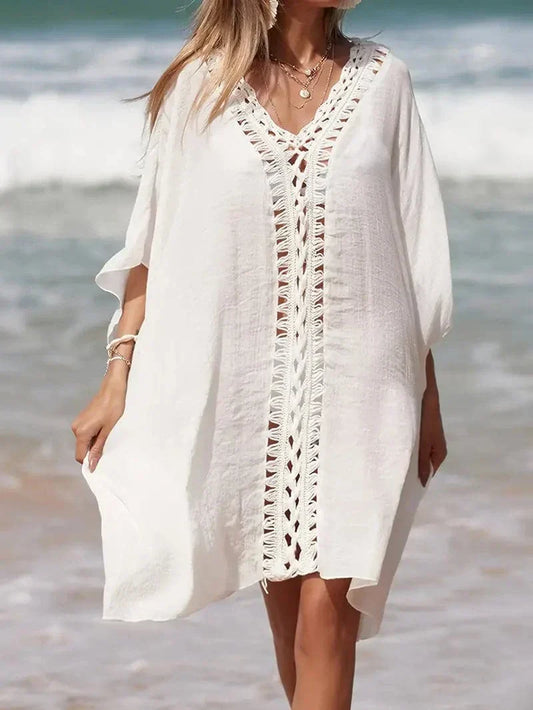 Kimono femme – Coupe décontractée – Fibres naturelles – Manches courtes – Dentelle
