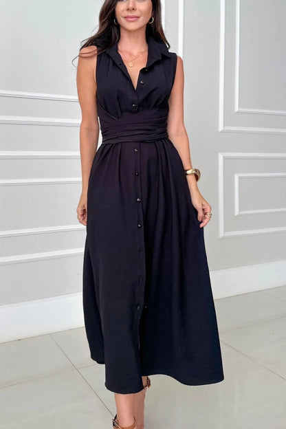 Robe Midi pour Femme - Manches Courtes, Col Chemise, Boutonnée, Ceinture Envelopp