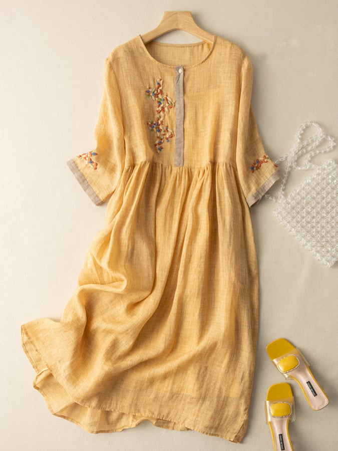 Robe femme midi – Coupe ample – Tissu naturel – Manches 3/4 – Détails brodés