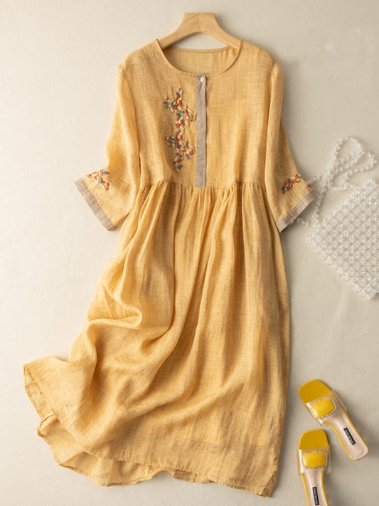 Robe femme midi – Coupe ample – Tissu naturel – Manches 3/4 – Détails brodés