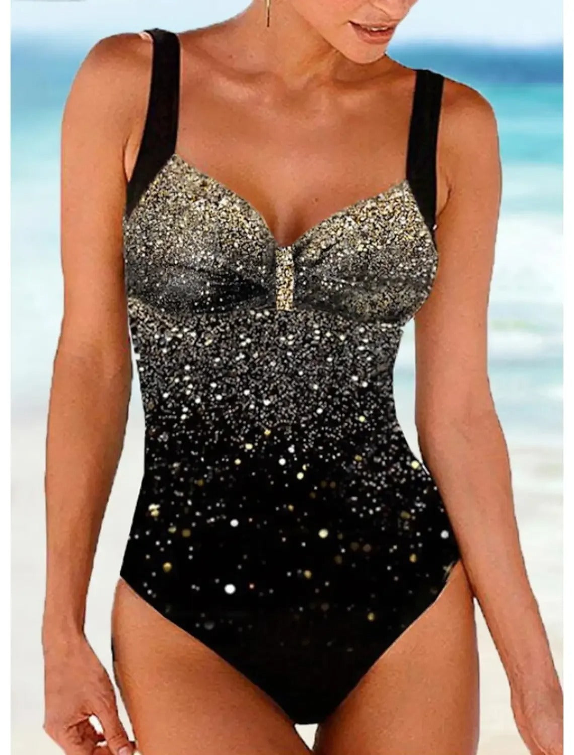 Maillot de bain une pièce femme – Coupe gainante – Bretelles larges – Sequins dégradés