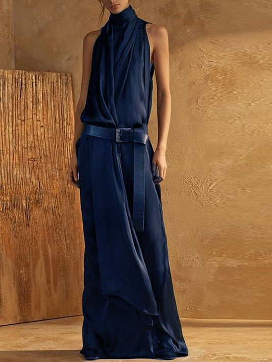 Robe longue femme – Col montant – Sans manches – Coupe fluide – Ceinture à boucle