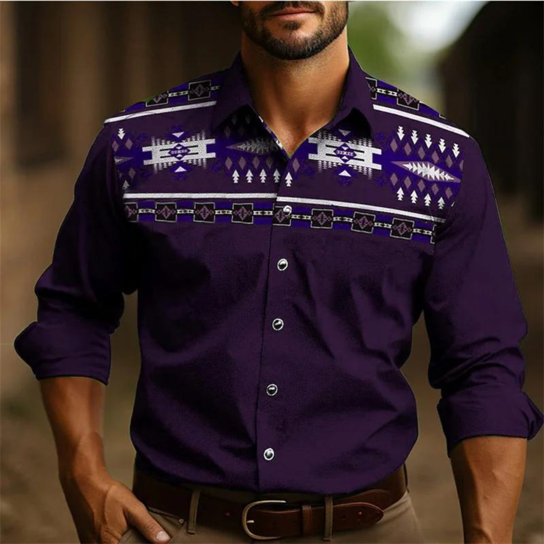 Chemise homme – Coupe ajustée – Manches longues – Motif géométrique rétro – Tissu respirant