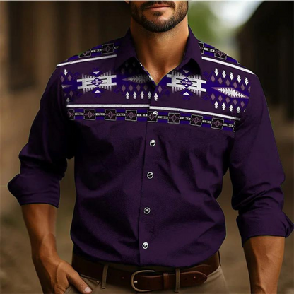 Chemise homme – Coupe ajustée – Manches longues – Motif géométrique rétro – Tissu respirant