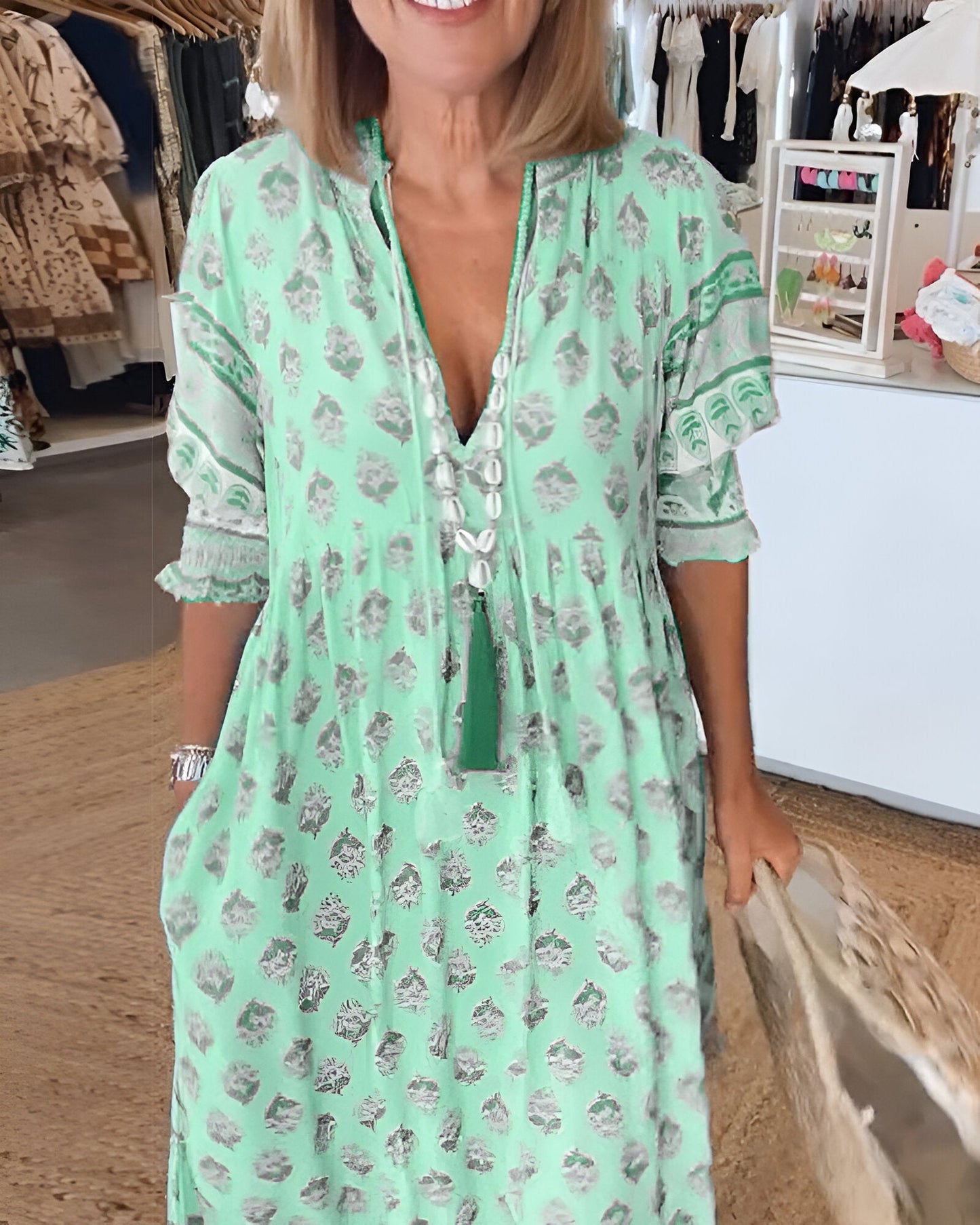 Robe longue femme – Fibres naturelles – Coupe fluide – Motif fleuri bohème – Col V