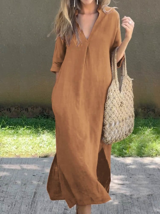 Robe longue femme – Coupe décontractée – Tissu respirant – Manches 3/4 – Col en V