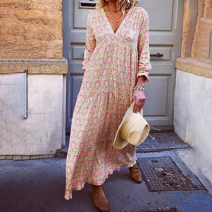 Robe longue femme – Coupe décontractée – Imprimé géométrique – Tissu respirant – Manches longues