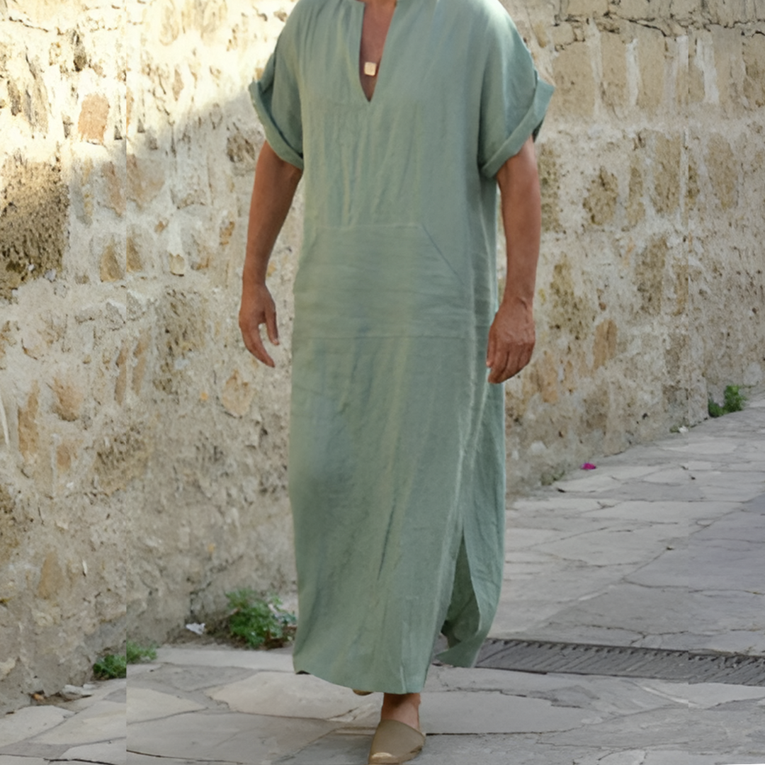 Robe chemise longue homme – Coupe décontractée – Tissu respirant – Manches courtes – Fente latérale