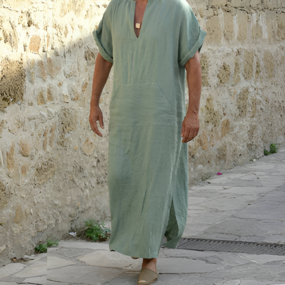 Robe chemise longue homme – Coupe décontractée – Tissu respirant – Manches courtes – Fente latérale