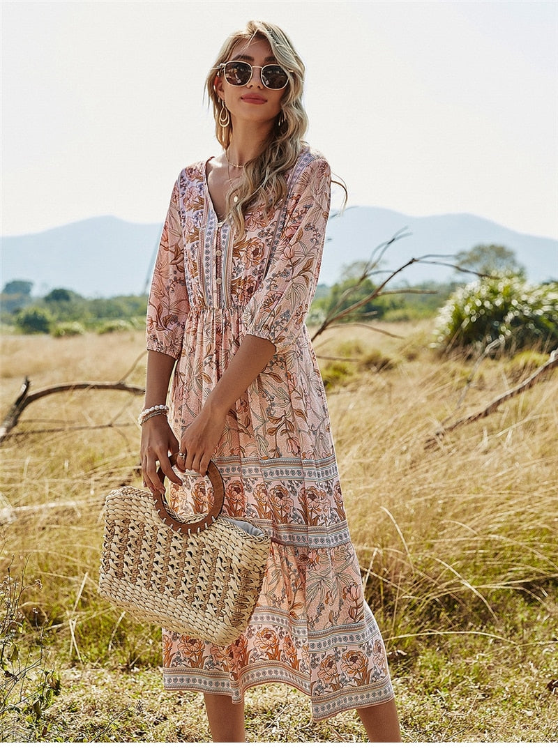 Robe midi femme – Coupe fluide – Imprimé fleuri – Encolure en V – Tissu respirant