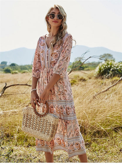 Robe midi femme – Coupe fluide – Imprimé fleuri – Encolure en V – Tissu respirant