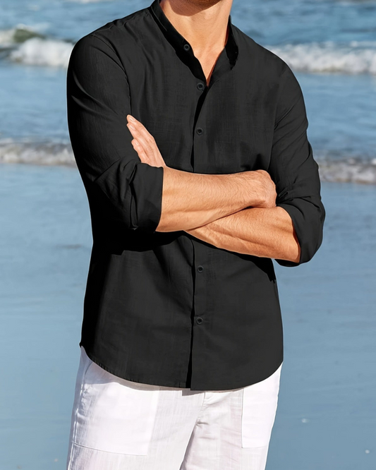 Chemise homme – Coupe décontractée – Fibres naturelles – Col mao – Manches longues