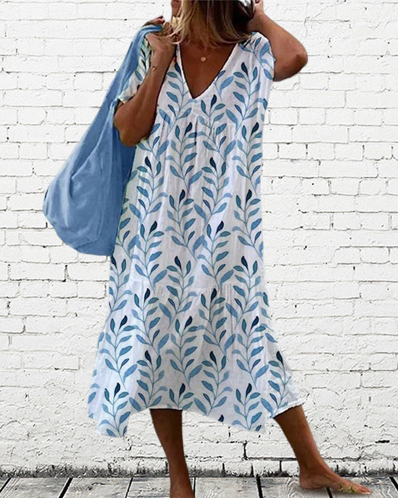 Robe Midi Femme – Coupe Décontractée – Col V – Manches Courtes – Imprimé Feuilles