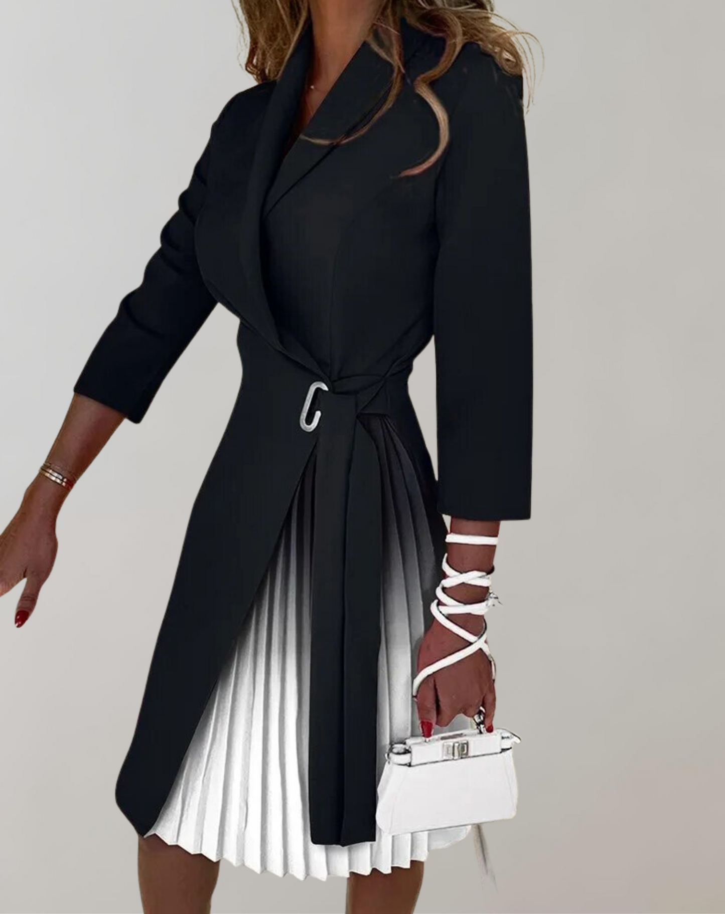 Robe midi femme – Coupe ajustée – Jupe plissée – Col fendu – Taille ceinturée