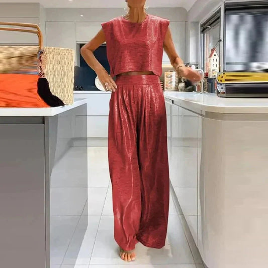 Ensemble femme deux pièces – Top court sans manches – Pantalon large taille haute – Tissu satiné