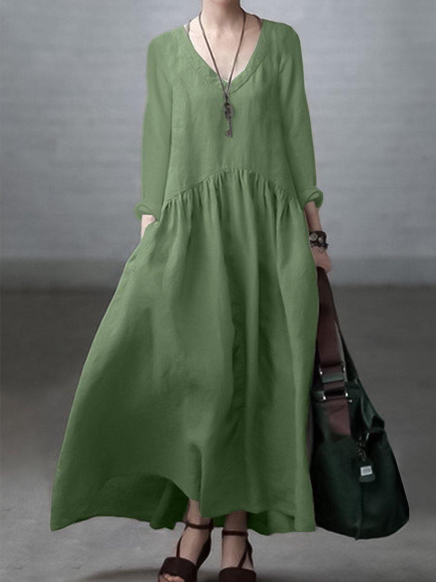 Robe longue femme – Coupe décontractée – Fibres naturelles – Manches longues – Col V