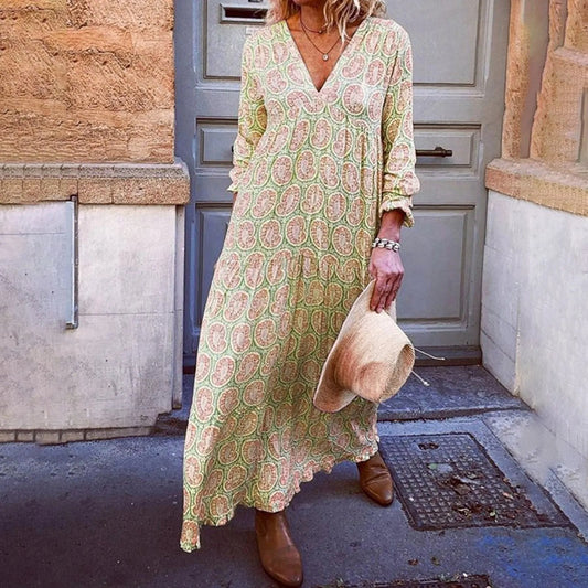 Robe longue femme – Coupe décontractée – Imprimé géométrique – Tissu respirant – Manches longues