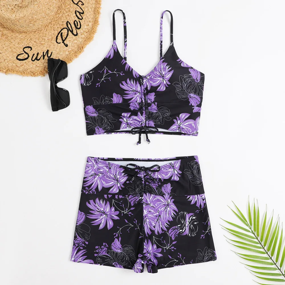 Bikini femme – Haut bralette froncé – Taille haute – Tissu extensible respirant