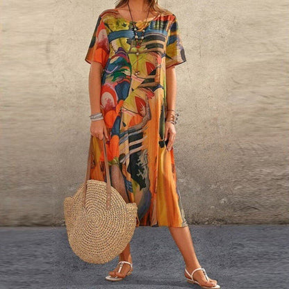 Robe midi femme – Coupe décontractée – Manches courtes – Tissu respirant – Motif abstrait