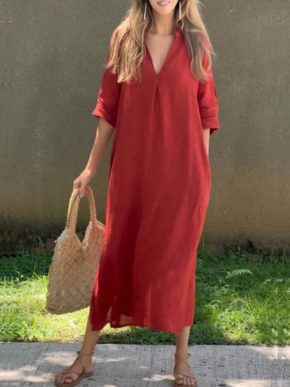 Robe longue femme – Coupe décontractée – Tissu respirant – Manches 3/4 – Col en V