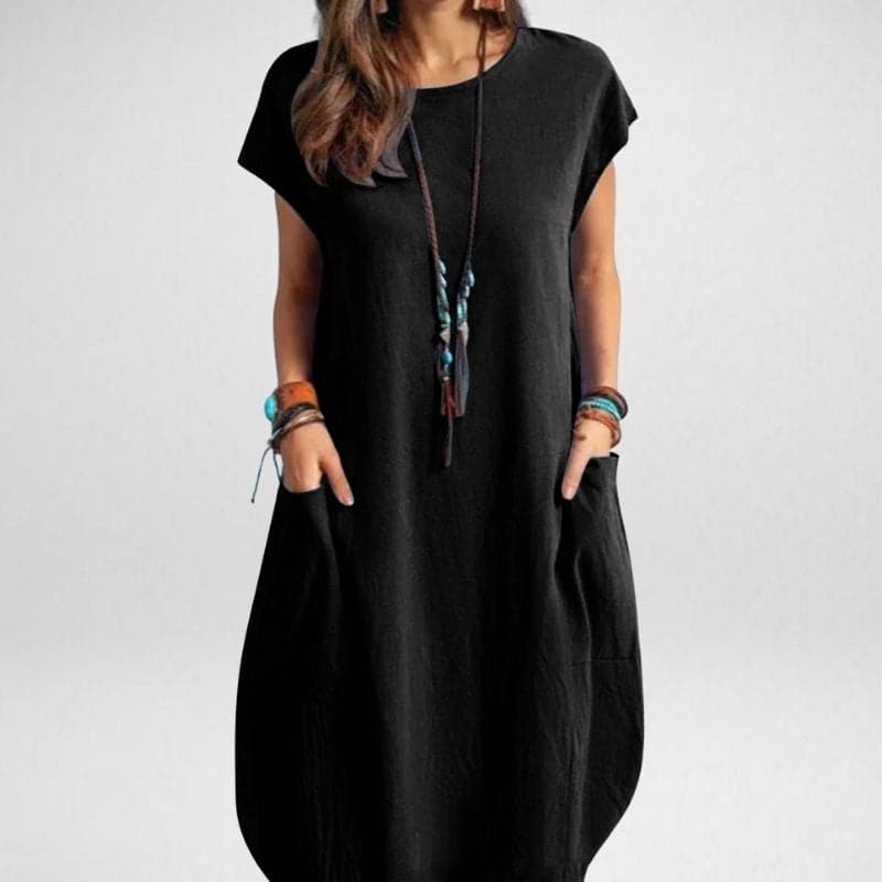 Robe longue femme – Coupe décontractée – Tissu respirant – Manches courtes avec poches