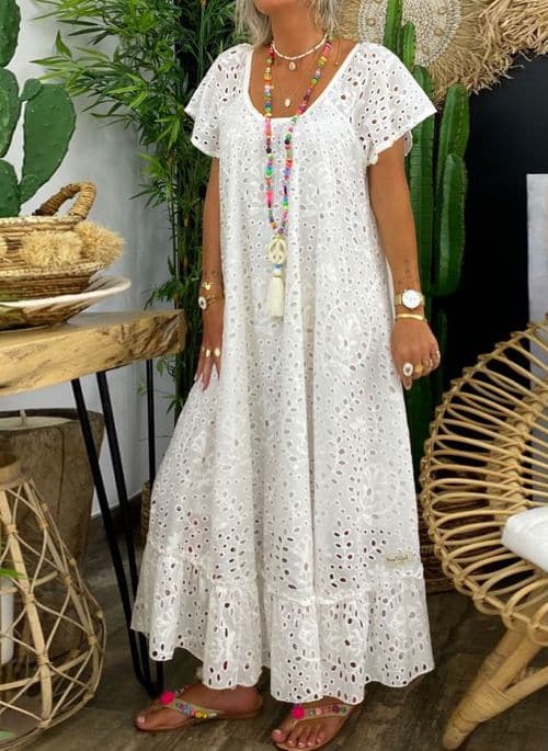 Robe longue femme – Coupe ample – Broderie anglaise – Fibres naturelles – Manches courtes