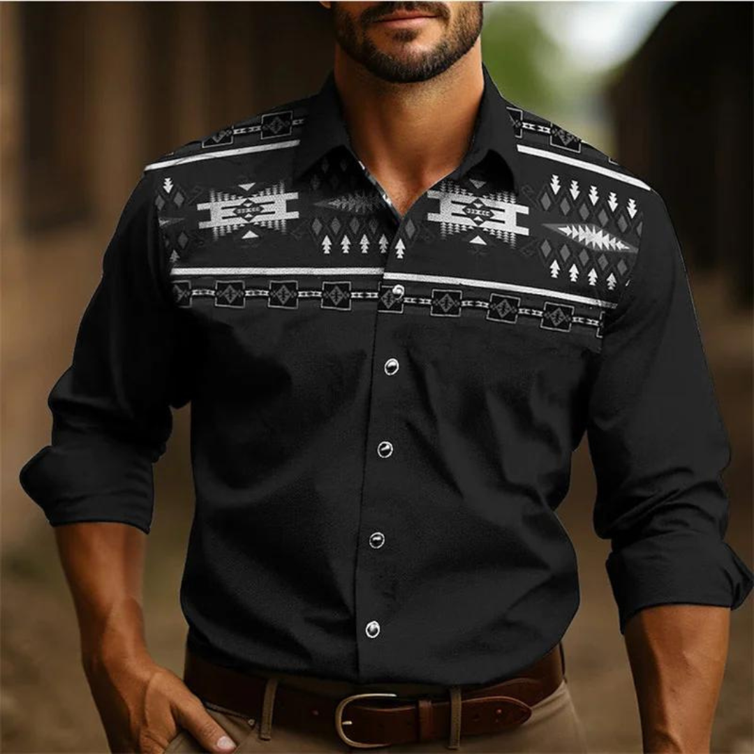Chemise homme – Coupe ajustée – Manches longues – Motif géométrique rétro – Tissu respirant