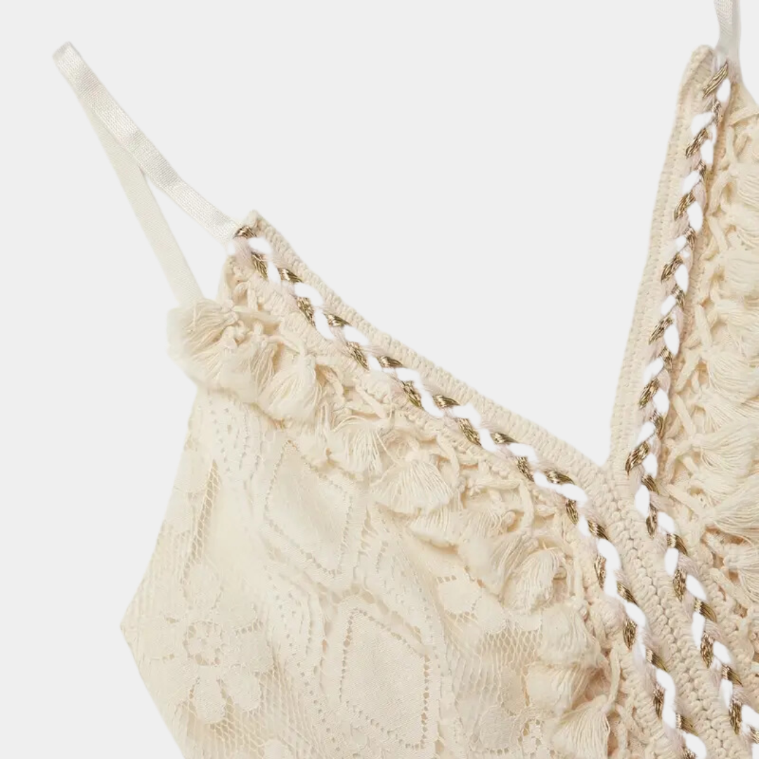 Robe midi femme – Coupe fluide – Détails en dentelle – Bretelles fines – Style bohème