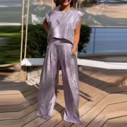 Ensemble femme deux pièces – Top court sans manches – Pantalon large taille haute – Tissu satiné