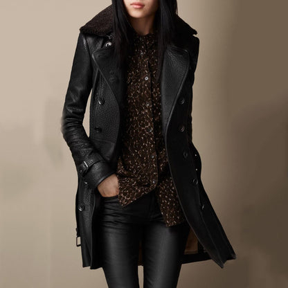 Femme Manteau Long - Cuir Brillant - Coupe Cintrée - Double Boutonnage - Col Large