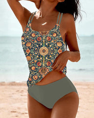 Tankini femme – Ensemble deux pièces – Bretelles doubles – Coupe modeste – Tissu extensible respirant