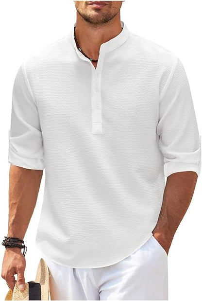 Chemise homme décontractée – Coupe ample – Col mao – Tissu respirant – Poignets boutonnés
