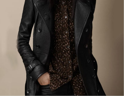 Femme Manteau Long - Cuir Brillant - Coupe Cintrée - Double Boutonnage - Col Large