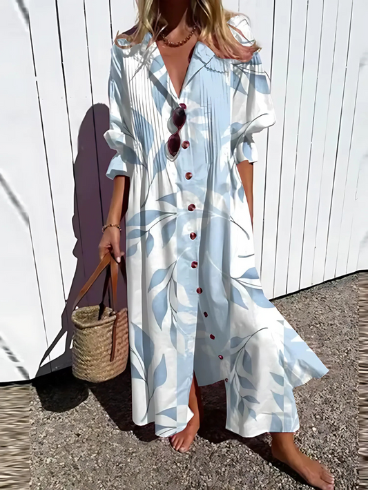 Robe longue femme – Coupe décontractée – Tissu respirant – Boutonnée – Imprimé rétro