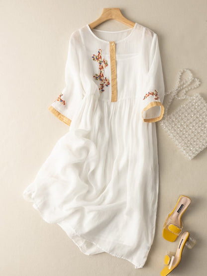 Robe femme midi – Coupe ample – Tissu naturel – Manches 3/4 – Détails brodés