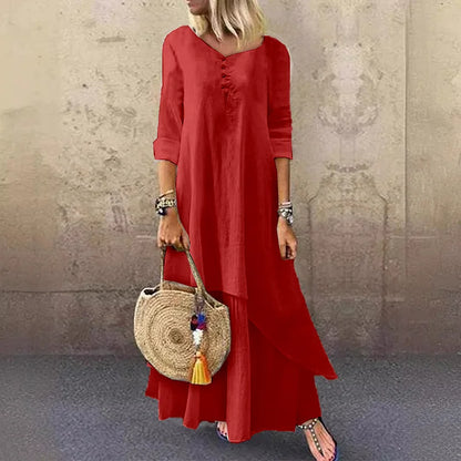 Robe midi femme – Coupe ample – Fibres naturelles – Manches 3/4 – Style superposé