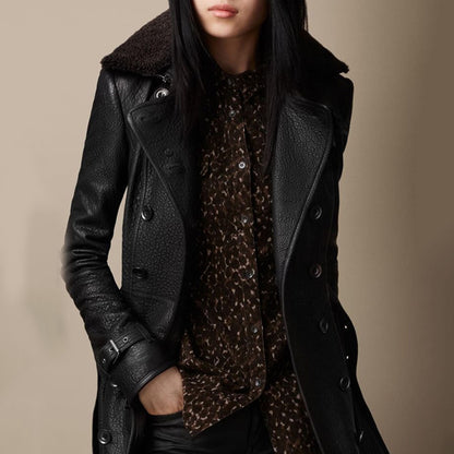 Femme Manteau Long - Cuir Brillant - Coupe Cintrée - Double Boutonnage - Col Large
